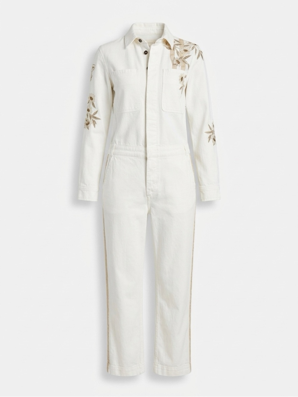 Free People Cream Embroidered Utility Jumpsuit
